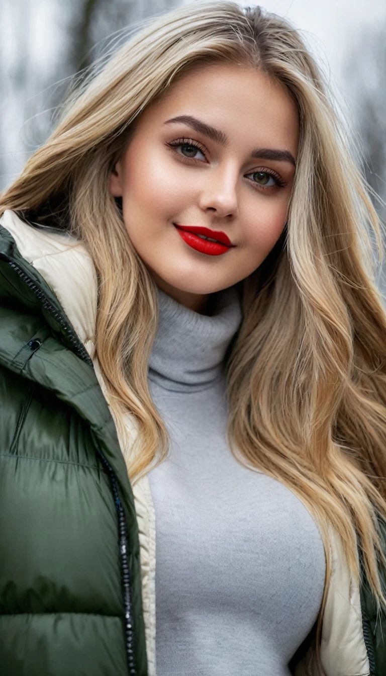 hyperrealistic beautiful busty 19-year-old woman with long legs wearing casual winter outfit with shiny puffer coat, model shooting full body photography, bleached blonde very long straight hair, soaky wet skin, dark eye makeup with eyeliner, seductive smile, red lips, 8K, Best quality, Meisterwerk, ultra high resolution, (Realismus: 1.4), Originalfoto, (realistische Hautstruktur: 1.3), (Filmkorn: 1.3), (Selfie-Winkel), 1 girl, Beautiful round hazel eyes and facial details, Meisterwerk, Best quality, outdoor photography, nsfw
