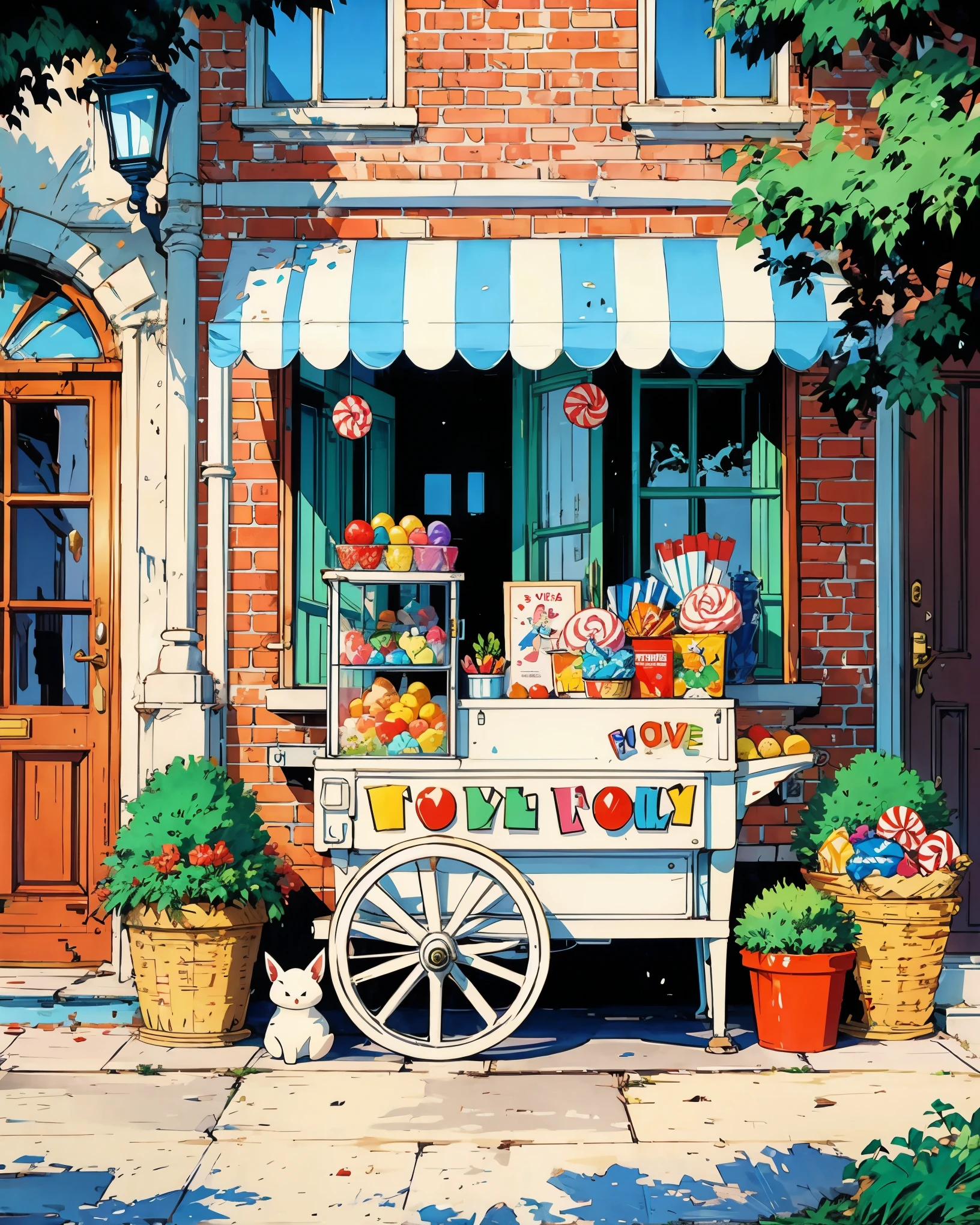 a painting of a candy stand in front of a building, ghibli screenshot, ghibli moebius, herge, french comic art, cel animation, giraud!!, animation cel, herge, studio ghiblil, giraud!, studio ghibli anime screenshot, ghibli artstyle, production animation cel, style in ghibli anime style, still from studio ghibli, giraud, HD, UHD, HDR, 32 K