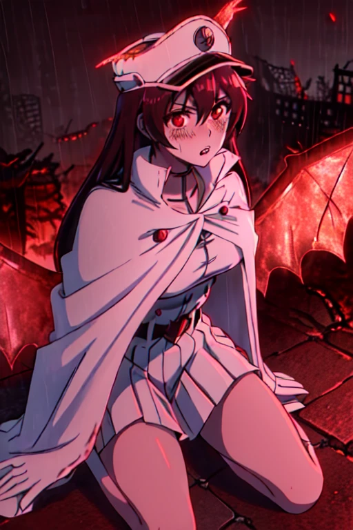 bambietta, flying, (burned ruined city:1.2), (blush:1.2), parted lips, kneels on ground, raining, blood on breasts, red eyes, hat, cape, white military form, short white pleated skirt, upskirt, medium breasts, masterpiece, detailed, intricate details, belt, from above, red glowing wings, looking at viewer