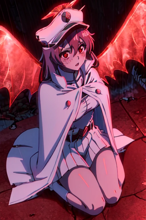 bambietta, flying, (burned ruined city:1.2), (blush:1.2), parted lips, kneels on ground, raining, blood on breasts, red eyes, hat, cape, white military form, short white pleated skirt, upskirt, medium breasts, masterpiece, detailed, intricate details, belt, from above, red glowing wings, looking at viewer