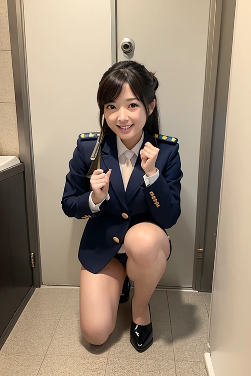 Reality、photo shoot、
Background toilet、Looks like Takako Zenba、
Hairstyle up、smile、Looking up、
Age 25、policewoman、squat、
Wide-legged pose、White panties facing front、Urinating、Onani、