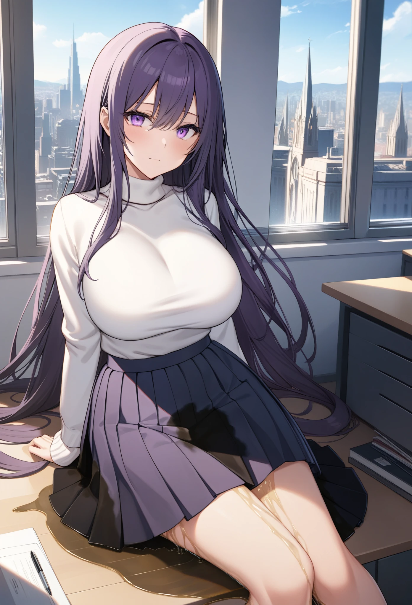 (masterpiece:1.37), best quality, (extremely detailed:1.37), office, window overlooking a bustling cityscape, (very long hair:1.25), dark purple hair, purple eyes, (extremely detailed eyes:1.37) shining eyes, large breasts, turtleneck sweater, (long skirt:1.25), multicolored skirt, (wetting herself:1.5), stern expression, day, daytime, glow, looking at viewer, perfect composition, Perfect light and shadow, 8K