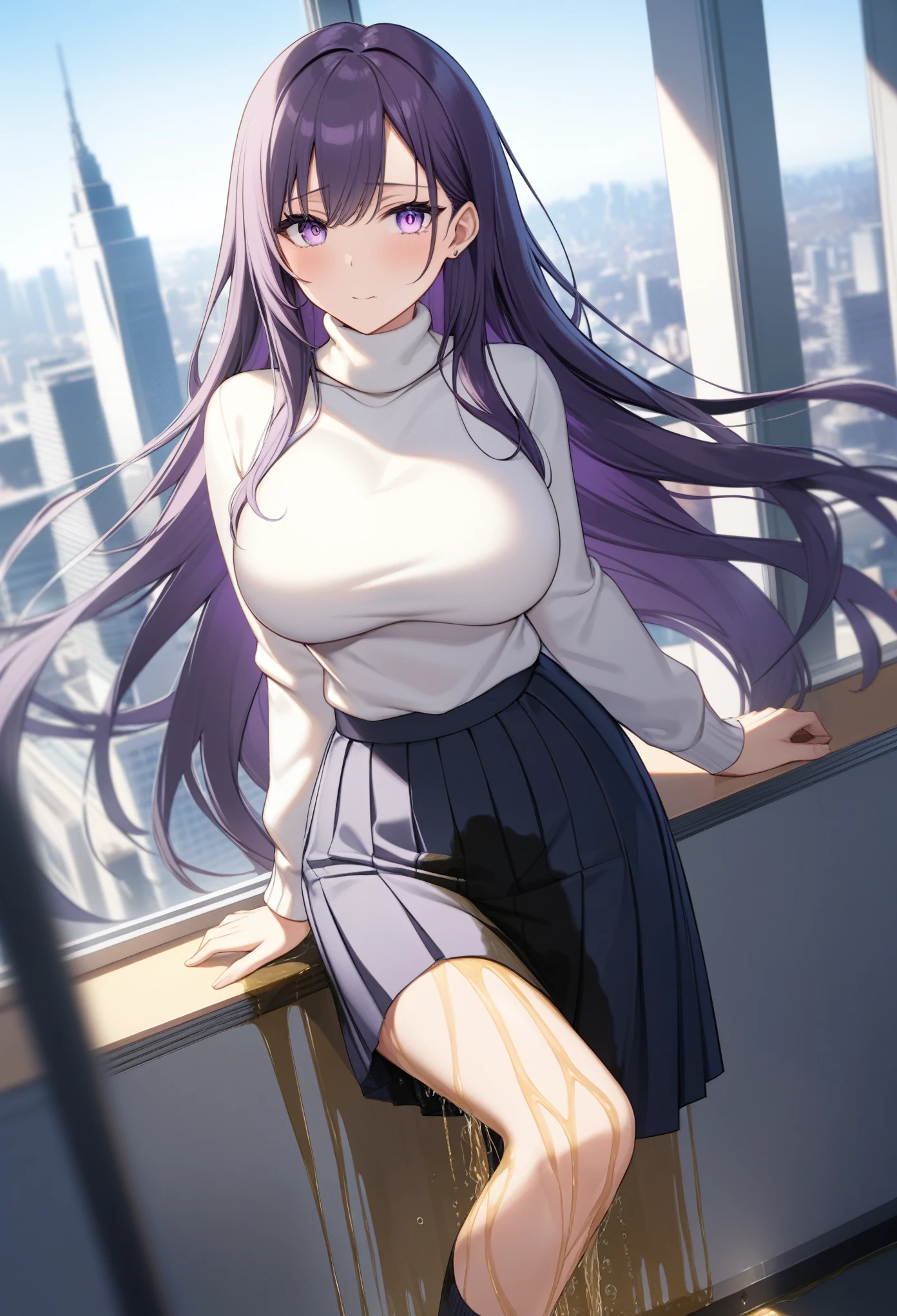 (masterpiece:1.37), best quality, (extremely detailed:1.37), office, window overlooking a bustling cityscape, (very long hair:1.25), dark purple hair, purple eyes, (extremely detailed eyes:1.37) shining eyes, large breasts, turtleneck sweater, (long skirt:1.25), multicolored skirt, (wetting herself:1.5), stern expression, day, daytime, glow, looking at viewer, perfect composition, Perfect light and shadow, 8K