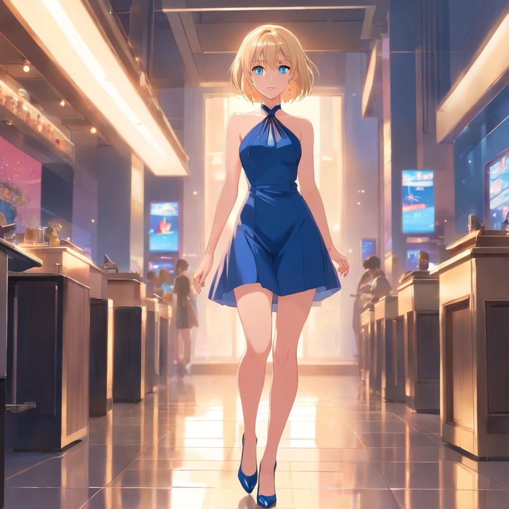 Women, ((Blonde)), ((Blue eyes)), ((Short hair)), ((Full shot)), very detailed makeup, pale pink lipstick, long earrings, bare shoulders, wearing only a black Louboutin-style high heels. ((wearing high heels)) ((Full Body))