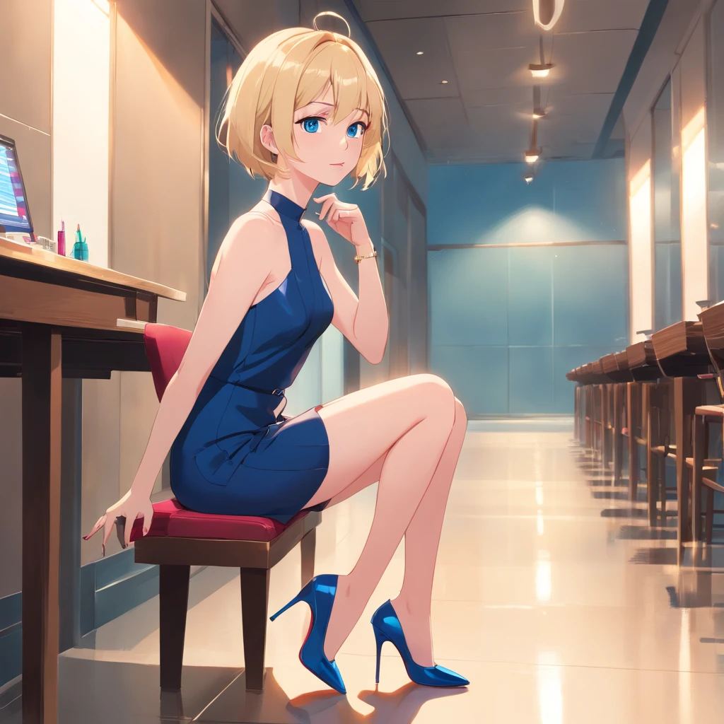 17 years old Women, ((Blonde)), ((Blue eyes)), ((Short hair)), ((Full shot)), very detailed makeup, pale pink lipstick, long earrings, bare shoulders, wearing only a black Louboutin-style high heels. ((wearing high heels)) ((Full Body)) 
