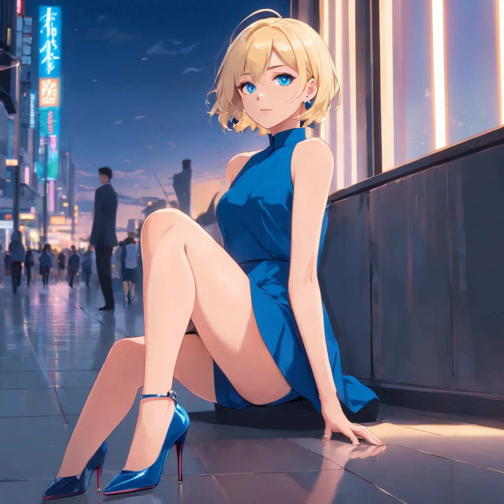 Women, ((Blonde)), ((Blue eyes)), ((Short hair)), ((Full shot)), very detailed makeup, pale pink lipstick, long earrings, bare shoulders, wearing only a black Louboutin-style high heels. ((wearing high heels)) ((Full Body))