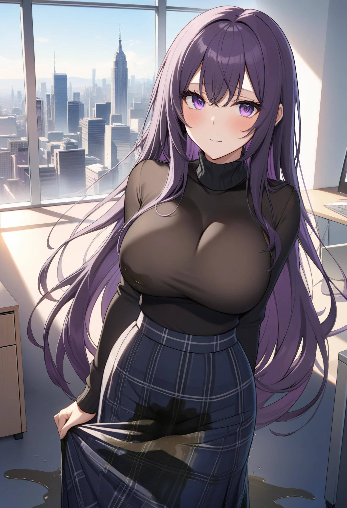 (masterpiece:1.37), best quality, (extremely detailed:1.37), office, window overlooking a bustling cityscape, (very long hair:1.25), dark purple hair, purple eyes, (extremely detailed eyes:1.37) shining eyes, large breasts, turtleneck sweater, (long skirt:1.25), multicolored skirt, (wetting herself:1.5), stern expression, day, daytime, glow, looking at viewer, perfect composition, Perfect light and shadow, 8K