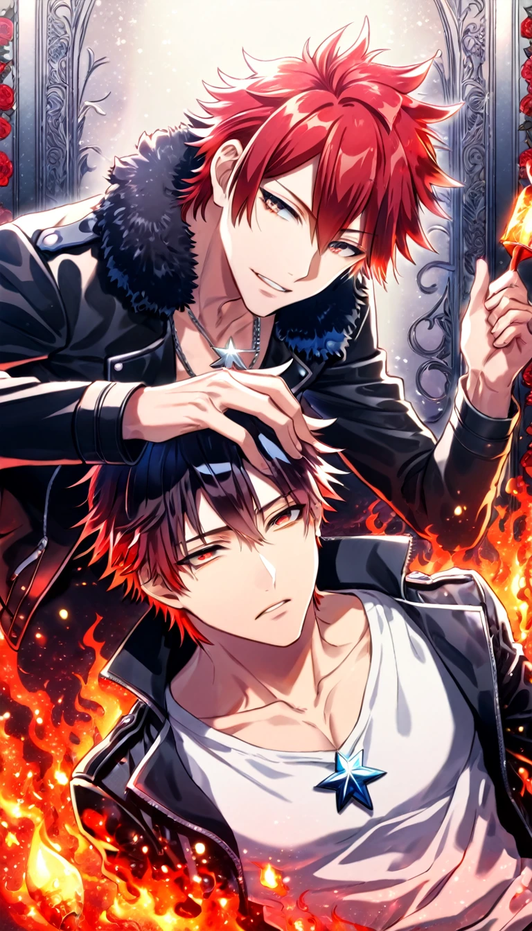 (absurdres, highres, ultra detailed, HDR) master piece, best quality, delicated features, Suoh Mikoto, red hair, hair is kept short, ruffled, slicked back and spiked, with two strands of hair near the opposite sides of his head falling over his face, expressive amber eyes, black leather jacket with a black fur collar, a white V-neck shirt underneath, silver star-shaped necklace, K Project, Gojou Satoru, red hair, with bangs, expressive amber eyes, two sexy men together, gay couple, yaoi, handsome, toned chest, black leather jacket, magical fantasy, glittering, sanctuary, red roses, radiant, red sparkling fireflies, flames