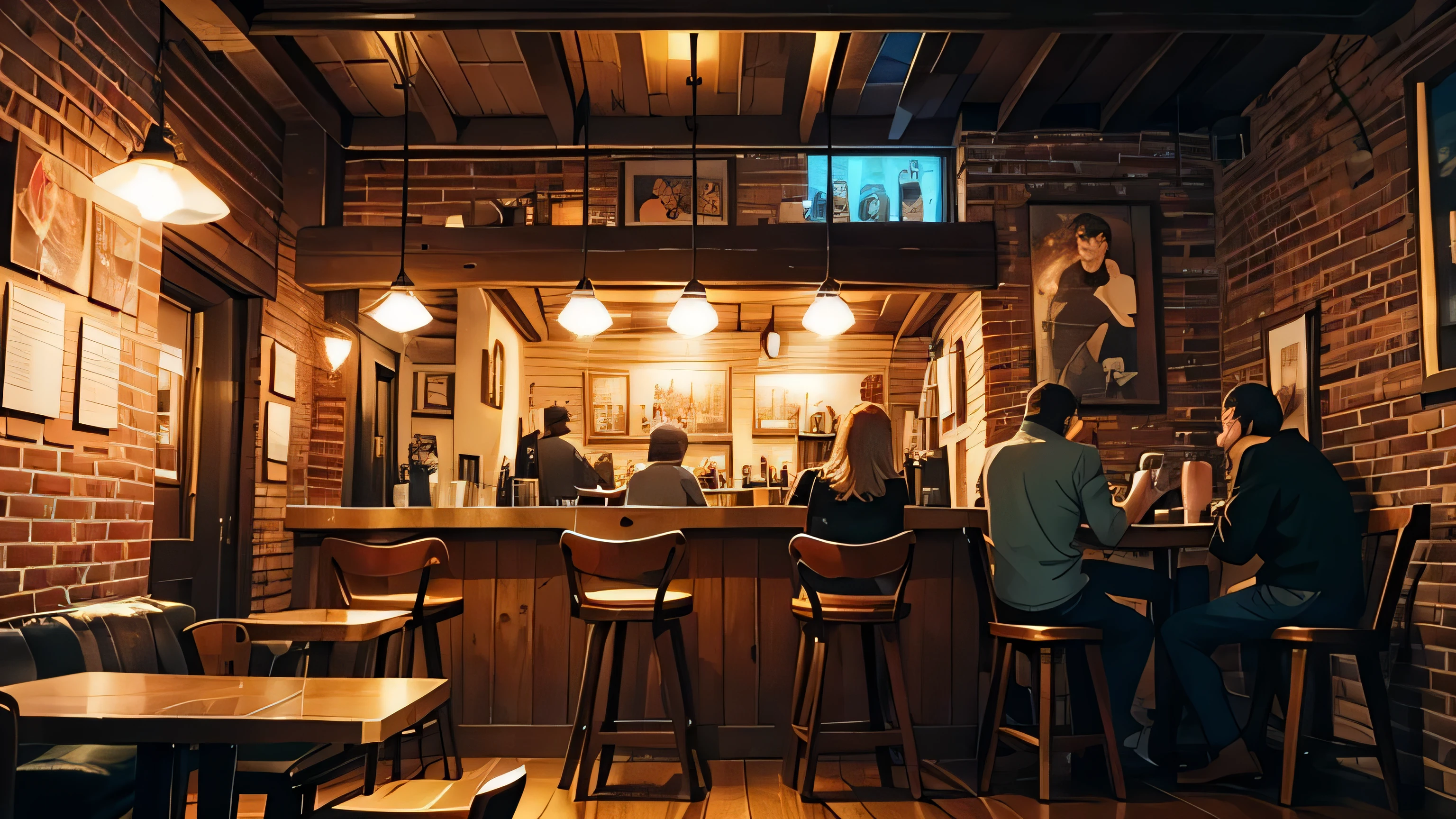 A cozy cafe with a jazz theme, featuring a live band playing in the corner. The interior has wooden tables and chairs, a brick wall with jazz memorabilia, and customers enjoying their coffee while listening to the music.