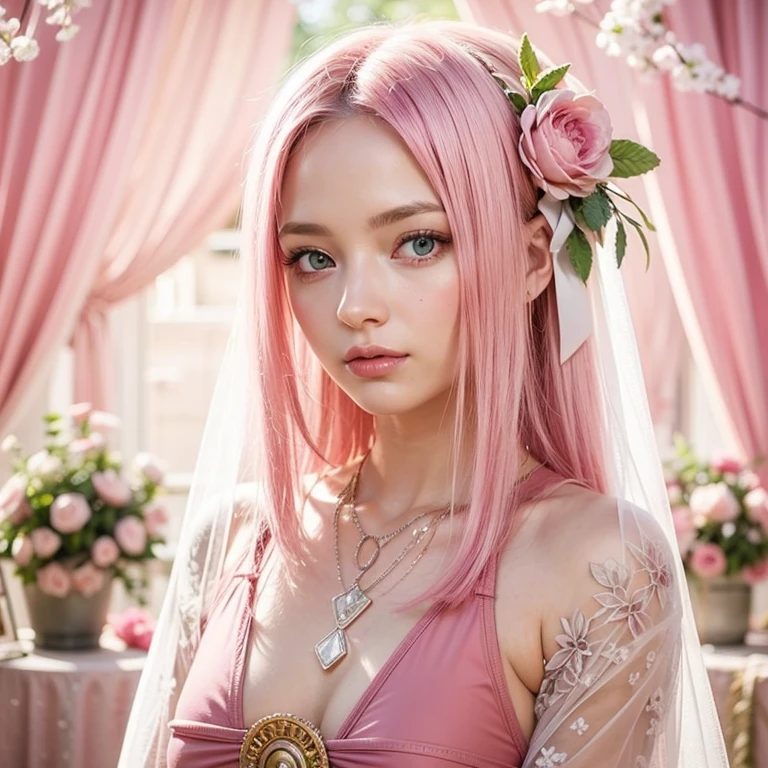young woman, short shoulder-length pink hair, wide forehead, porcelain skin, pink eyebrows, big emerald green eyes, buttoned nose, full lips, heart-shaped face, slender body, small breasts, red tank top, Sakura Haruno , realistic, realism, details, 3d, well detailed
