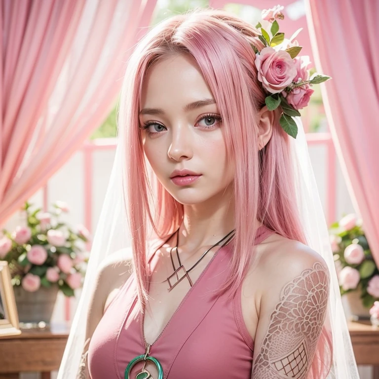 young woman, short shoulder-length pink hair, wide forehead, porcelain skin, pink eyebrows, big emerald green eyes, buttoned nose, full lips, heart-shaped face, slender body, small breasts, red tank top, Sakura Haruno , realistic, realism, details, 3d, well detailed