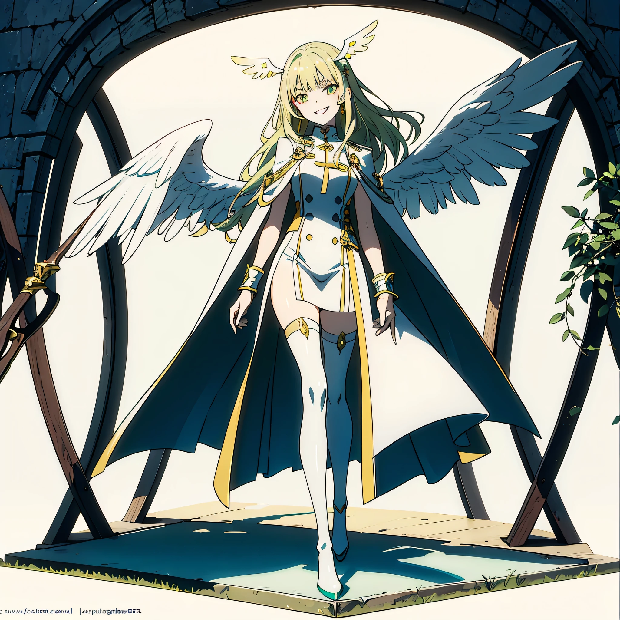 cathedral background,full body,whole body,slender,thin legs,Greenish-yellow hair，Yellow-green pupils，White clothes with green and yellow are embellished with gold and silver ornaments，She is a natural cute girl,((evil smile)),white thighhigh boots,full body,long hair,white angel wings,whole body,