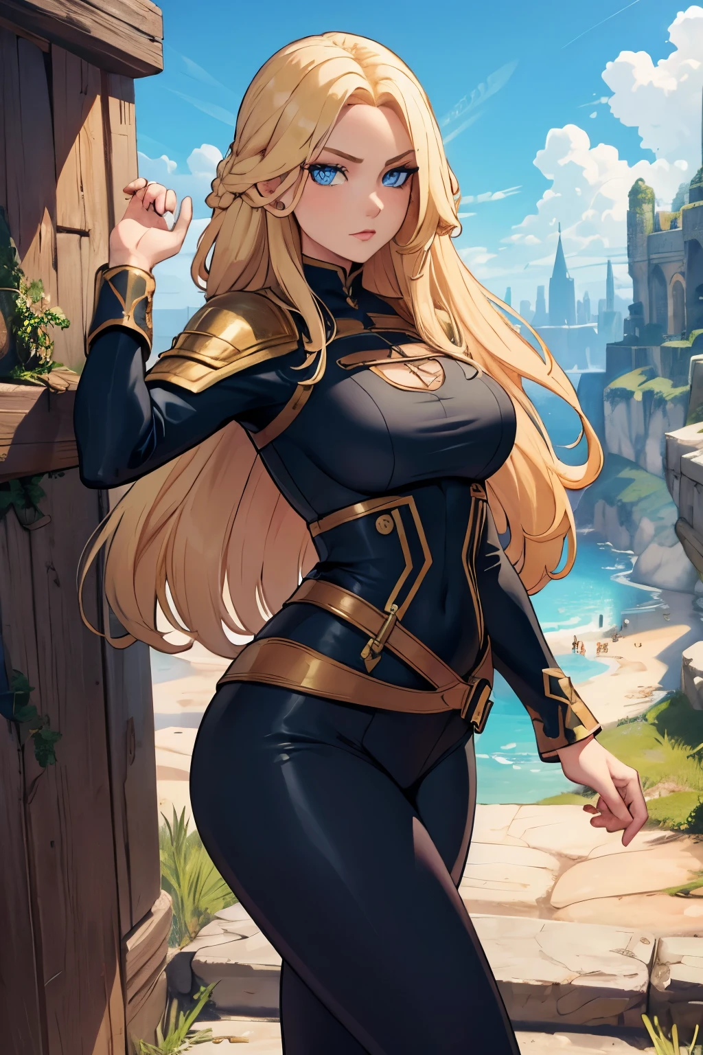 beautiful woman, long blond hair, blue eyes, adventurer outfit, leggings