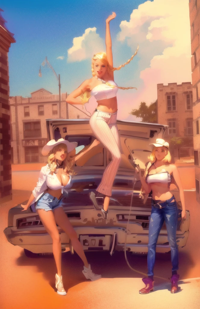 master p[iece, 8k detail, 3 sexy girls standing next to the back open trunk of an orange 1969 dodge charger. The girl in the middle is wearing yoga pants and a white tube top ( she has blonde hair in long braids and her large boobs are almost falling out of her tube top) jumping out from the trunk of the car, the girl to the left is wearing daisy duke short-shorts and white rolled up shirt. she has large and is wearing a white cowboy hat. the third girl to the right is a mechanic wearing overall jeans with a tub top. The third girl is holding up a pneumatic rivet gun with her right arm. They are in an ally way just in front of a street in a middle American town on a sunny day. no rain, no puddles.
