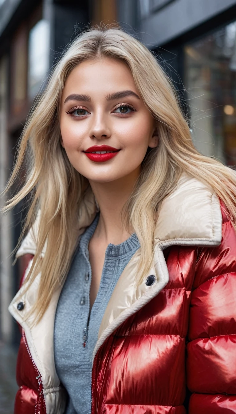 hyperrealistic beautiful busty 19-year-old woman with long legs wearing casual winter outfit with shiny puffer coat, model shooting full body photography, bleached blonde very long straight hair, soaky wet skin, dark eye makeup with eyeliner, seductive smile, red lips, 8K, Best quality, Meisterwerk, ultra high resolution, (Realismus: 1.4), Originalfoto, (realistische Hautstruktur: 1.3), (Filmkorn: 1.3), (Selfie-Winkel), 1 girl, Beautiful round hazel eyes and facial details, Meisterwerk, Best quality, outdoor photography, nsfw
