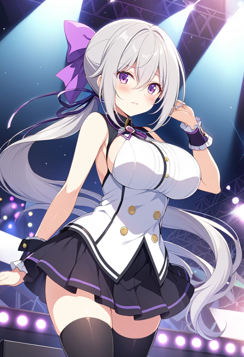 SHIGETOAKIHO, Grey Hair, Low Ponytail, Purple ribbon, Hair Ribbon, Hair between the eyes, Very long hair, Purple eyes,, Big Breasts, Live Stage, alone,