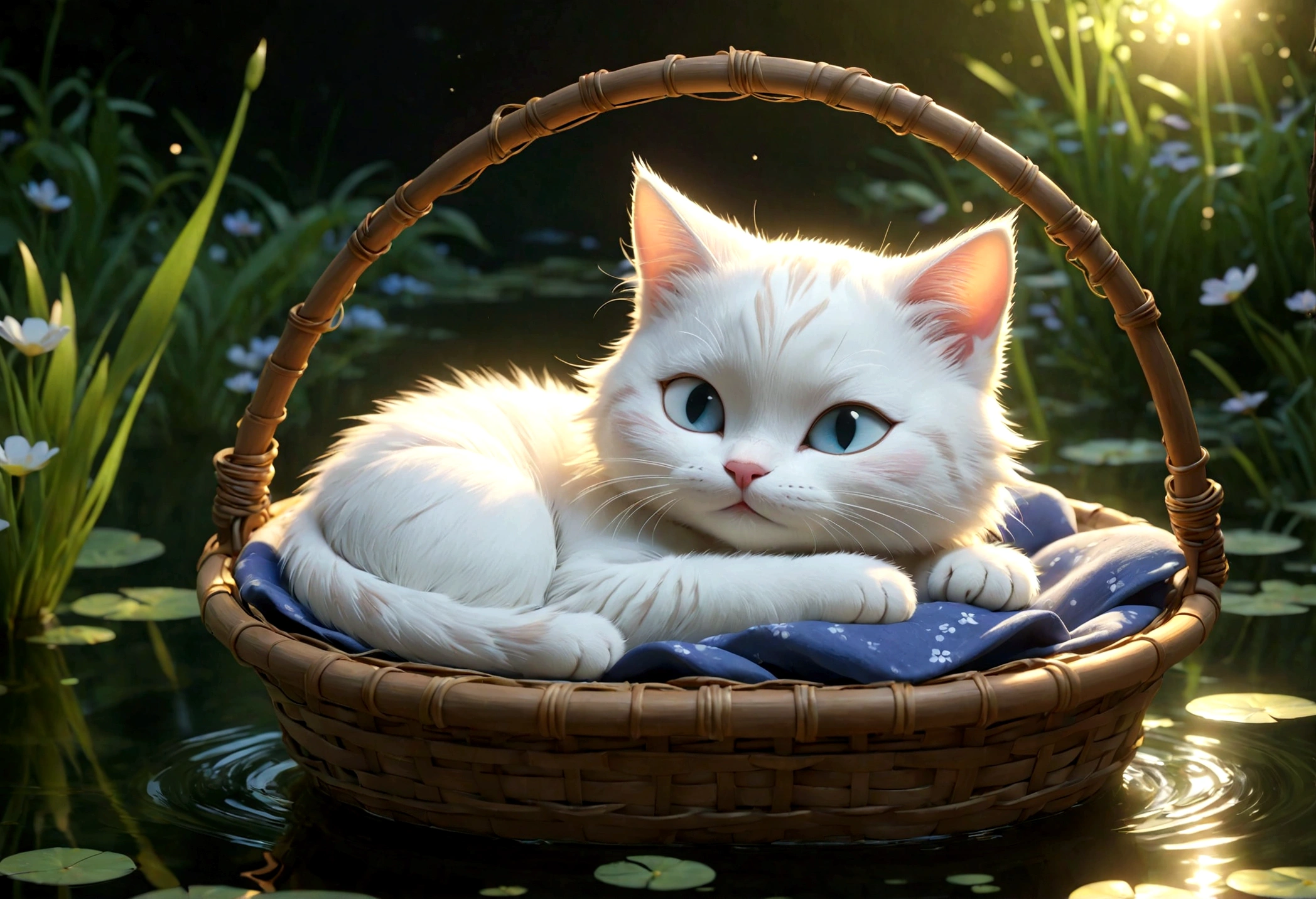 Disney Pixar cartoon character, chibi, sleeping, cute white cat sleeping in a magic basket floating in a small lake, with magical glow, unreal engine rendering, 8k