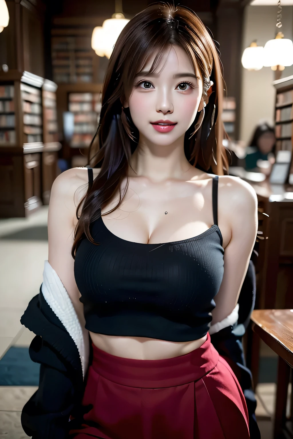 Beautiful details, (suit:1.3), (Natural Lip), Natural Hair, Natural Makeup,(((library:1.3))),A revealing skirt、(Reddish brown wet shiny hair)、(Floral braided headband、Half Up、Floral,),(Space Knitting、Voluminous fishtail braid、Twisted pan、)、(The bangs are see-through)、hairpin、hair ornaments、Blushing cheeks、Pointed red mouth、Big Breasts、Perfect body curves、Beautiful clavicle、Wet Hair、Wet Face、Wet body、Wet Skin、Wet costume、Detailed clothing features、Detailed hair features、Detailed facial features、Looking into the camera、(Dynamic Angle)、(Dynamic and sexy pose) )、Cinema Lights、(masterpiece、highest quality、Ultra-high resolution output images、Write Boundary Depth、Intricate details、Add depth to your subject with contrast between light and shadow、)、Digital Illustration、Single-lens reflex camera、(Realistic:1.3)、(8K quality、Anatomically correct facial structure、)、(Picture Mode Ultra HD、)