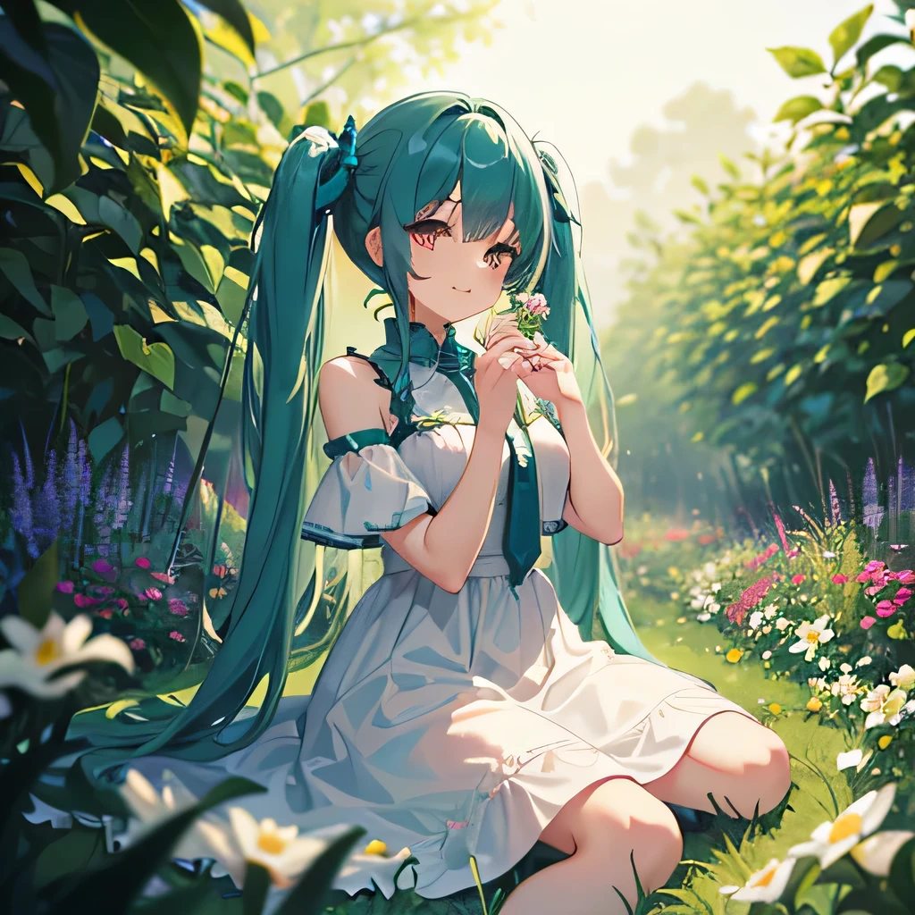 (masterpiece, best quality),1girl, (long teal hair), (twintails), (white eyes), sitting in a field of green plants and flowers, her hand under her chin, warm lighting, white dress, blurry foreground, detailed, smilling, ((teal hair))