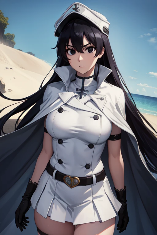 bambietta, bambietta basterbine, long hair, black hair, (black eyes:1.5), (medium breast:1.2),
BREAK skirt, gloves, boots, belt, cape, cloak, white cloak, hat, cap,
BREAK looking at viewer,
BREAK outdoors,
BREAK (masterpiece:1.2), best quality, high resolution, unity 8k wallpaper, (illustration:0.8), (beautiful detailed eyes:1.6), extremely detailed face, perfect lighting, extremely detailed CG, (perfect hands, perfect anatomy),