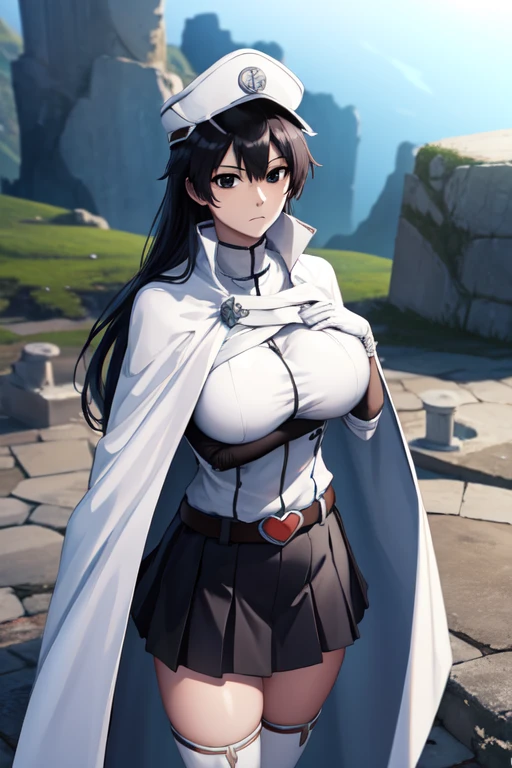 bambietta, bambietta basterbine, long hair, black hair, (black eyes:1.5), (medium breast:1.2),
BREAK skirt, gloves, boots, belt, cape, cloak, white cloak, hat, cap,
BREAK looking at viewer,
BREAK outdoors,
BREAK (masterpiece:1.2), best quality, high resolution, unity 8k wallpaper, (illustration:0.8), (beautiful detailed eyes:1.6), extremely detailed face, perfect lighting, extremely detailed CG, (perfect hands, perfect anatomy),