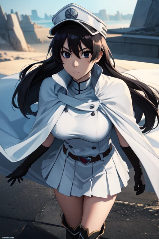 bambietta, bambietta basterbine, long hair, black hair, (black eyes:1.5), (medium breast:1.2),
BREAK skirt, gloves, boots, belt, cape, cloak, white cloak, hat, cap,
BREAK looking at viewer,
BREAK outdoors,
BREAK (masterpiece:1.2), best quality, high resolution, unity 8k wallpaper, (illustration:0.8), (beautiful detailed eyes:1.6), extremely detailed face, perfect lighting, extremely detailed CG, (perfect hands, perfect anatomy),