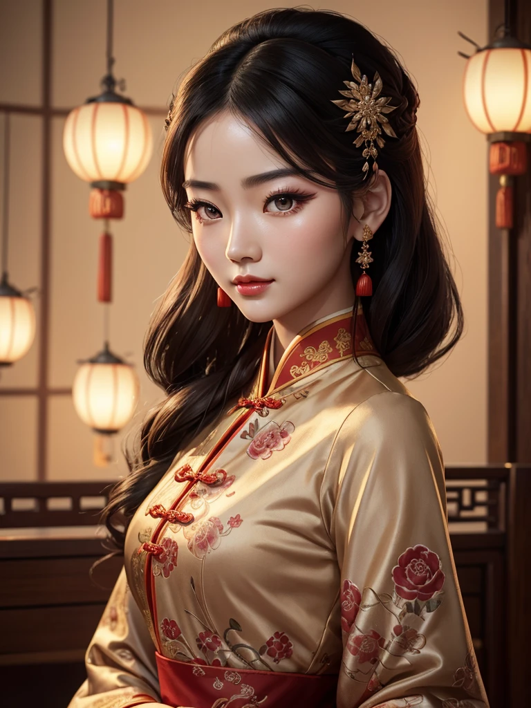 A beautiful and elegant Chinese girl in a traditional dress, mulan pin up style, detailed face, beautiful eyes, long eyelashes, rosy lips, detailed folds and patterns on the dress, intricate hair ornaments, soft lighting, warm color tones, highly detailed, 8K, photorealistic, masterpiece