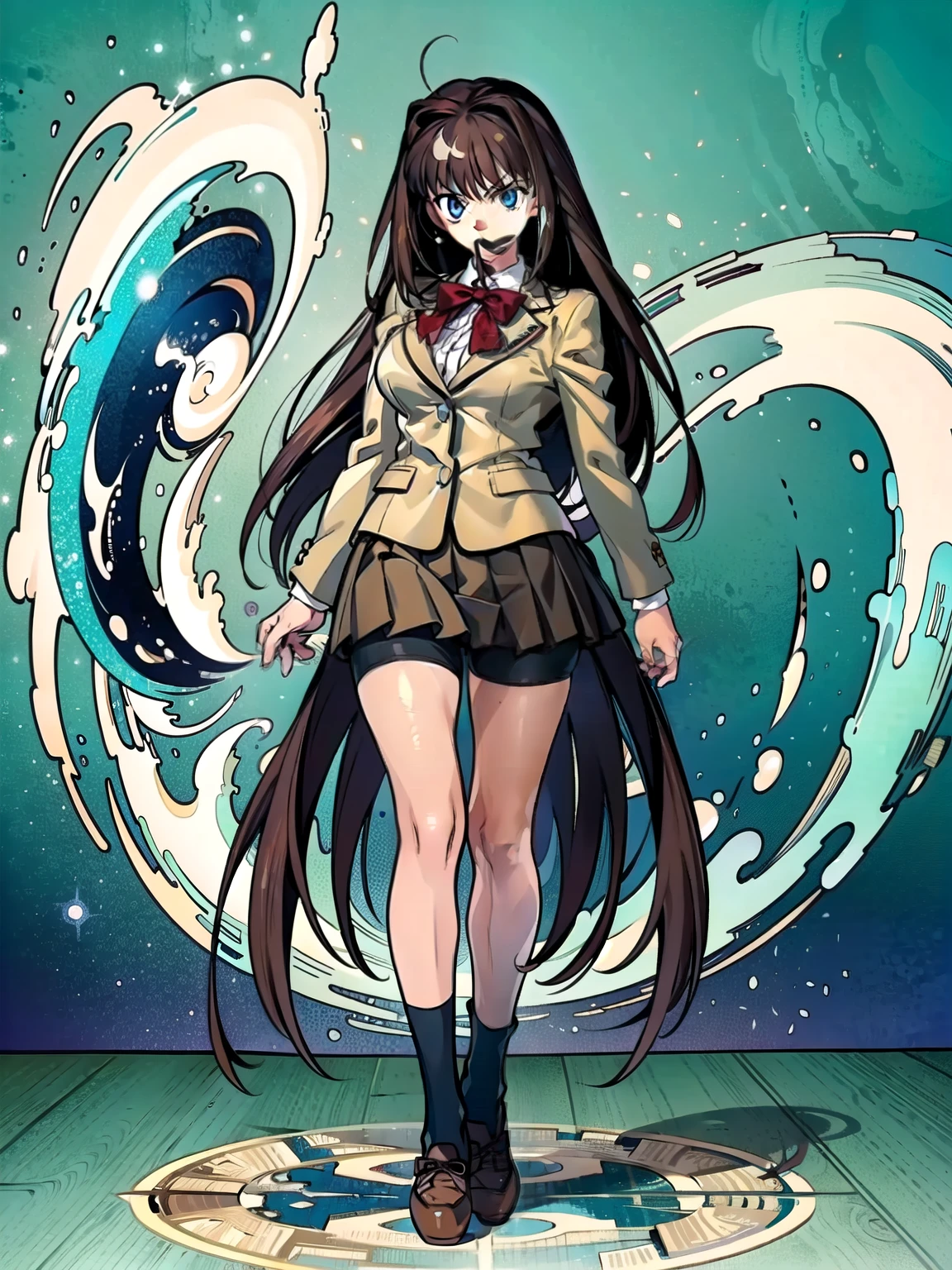 BREAK, centered, BREAK, (EMPTY BACKGROUND), BREAK, (masterpiece), best quality, highest resolution, 8k, illustration, (beautiful detailed eyes:1.5), extremely detailed face, extremely detailed body, CG, perfect hands, perfect anatomy, ((1girl)), ((solo)), (((bbaoko))), ((2 legs max)), ((2 feet max:1.5)), ((swirling vortex shaped longest brown hair:1.5)), (brown longest hair with slightly reddish undertone:1.6), (lush luscious longest brown hair:1.6), (very long voluminous longest brown hair:1.5), serious, blue eyes, red bowtie, (Form-fitting beige blazer:1.5), brown jacket, (highly detailed beautiful face:1.2), (white shirt:1), (well shaped large breasts:1.6), (nice hips:1), pretty legs, ((kneehigh socks:1.5)), ((Umber pleated skirt:1.6)), (((bike shorts:1.5))), (toned visible skin thighs:1.6), (strap shoes brown color), (facing front:1.5), ((standing straight:1.5)), ((Fullbody in frame:1.5)), ((Full body:1.5)), (takeuchi takashi:1.3)