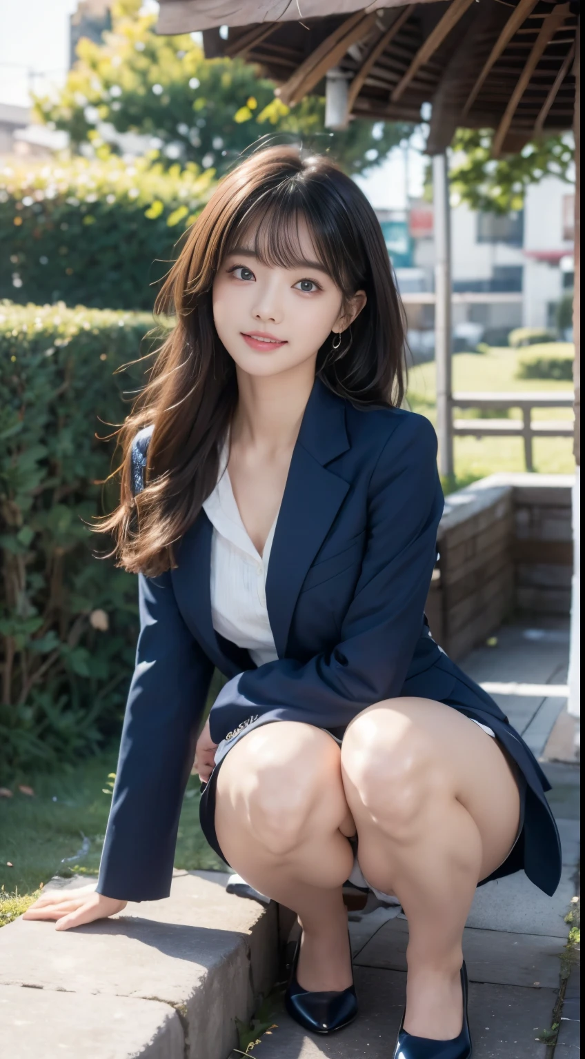 Woman sitting by the lake、Standing with both knees together、Legs stretched out in front、(Put your arms behind your back)、Beauty、20-year-old、university student、Uniform, cool-looking eyes、Well-balanced proportionedium build、Small face、Small breasts、Small Ass、A strong wind is blowing、grassland、There are a lot of trees、Wearing a navy blue blazer、Wearing a white blouse、She is wearing a long dark blue skirt、(Wearing white panties)、Wearing pumps、Uniform left and right eyes、blue sky、, black hair, long hair, messy hair, floating hair, earrings, parted lips, happy, seductive smile, Surrealism, Verism, cinematic lighting, first-person view, f/1.2, Nikon, UHD, best quality, highres, 8k, anatomically correct