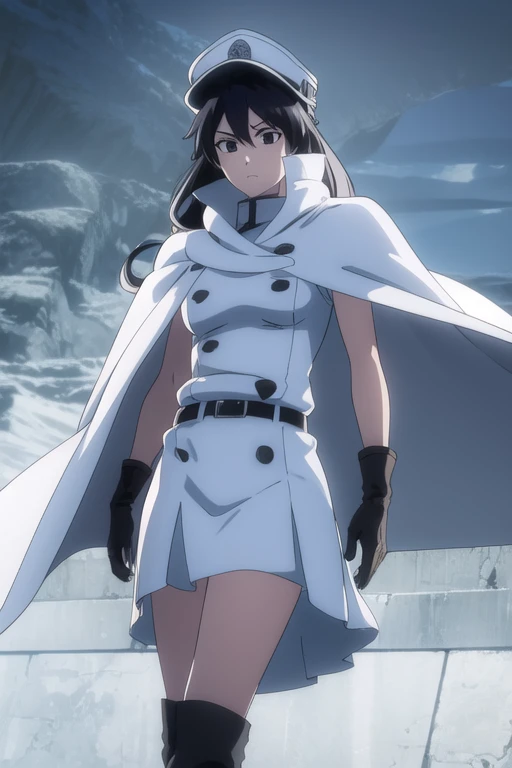 bambietta, bambietta basterbine, long hair, black hair, (black eyes:1.5), (medium breast:1.2),
BREAK skirt, gloves, boots, belt, cape, cloak, white cloak, hat, cap,
BREAK looking at viewer,
BREAK outdoors,
BREAK (masterpiece:1.2), best quality, high resolution, unity 8k wallpaper, (illustration:0.8), (beautiful detailed eyes:1.6), extremely detailed face, perfect lighting, extremely detailed CG, (perfect hands, perfect anatomy),