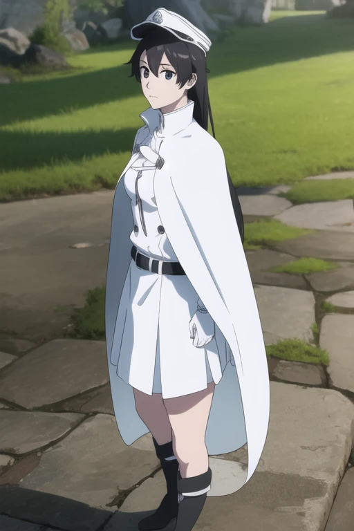 bambietta, bambietta basterbine, long hair, black hair, (black eyes:1.5), (medium breast:1.2),
BREAK skirt, gloves, boots, belt, cape, cloak, white cloak, hat, cap,
BREAK looking at viewer,
BREAK outdoors,
BREAK (masterpiece:1.2), best quality, high resolution, unity 8k wallpaper, (illustration:0.8), (beautiful detailed eyes:1.6), extremely detailed face, perfect lighting, extremely detailed CG, (perfect hands, perfect anatomy),