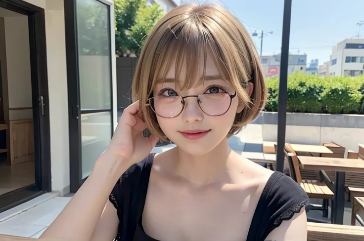 Severely sunburned skin、Japanese、((21 years old))、(highest quality,masterpiece:1.3,超A high resolution,),(Super detailed,Caustics),(Realistic:1.4,RAW shooting,)Ultra-Realistic Capture,Very detailed,High resolution 16K、 The skin texture is natural、The skin looks healthy、Use natural light and color,1 girl,,Blonde,smile,Natural Shading、short hair、Bronze Hair、Sporty clothing、Glasses、Small eyes、Cafe Terrace、黒Small eyes、Single eyelid、Tear bags