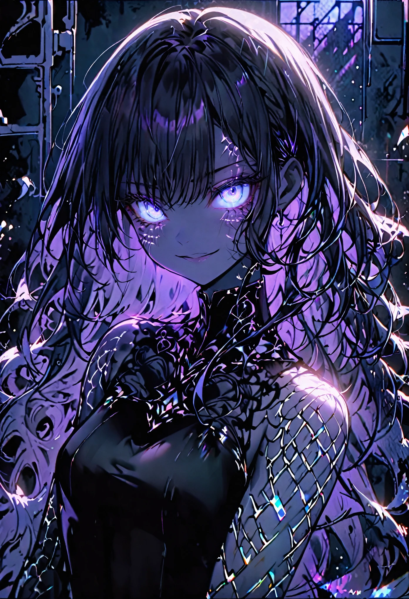 solo, female, smile, dark, spot light, laboratory, iridescent glowing skin, opalescent skin, long and thick hair, jet-black hair, indigo eyes, swirling eyes, (intricate lattice-like scars on arms, torso, and neck), stronger and harder nails, medium shot