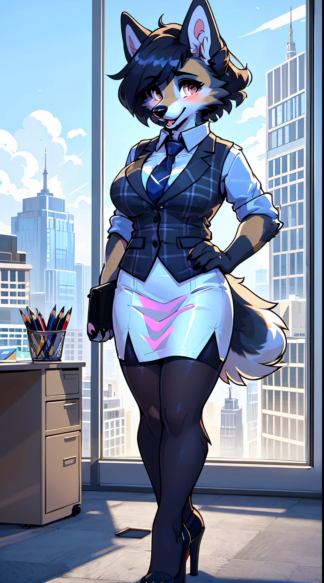 (Fluffy girl dog:1.6), (Black fur:1.5), highest quality,  cleavage, Beautiful woman、Office Lady、Black Hair、(Brown eyes、Big Breasts、Blunt bangs)、short hair、Dark blue checked office suit cleavage)、new employee, Full Body Shot、Female office lady、break(Dark blue checked vest、White dress shirt、Navy blue mini tight pencil skirt:1.2)、(Black Pantyhose、garter belt、High heels)、break(office:1.3)、Cleavag、Absolute area、Blushing、Embarrassed、Standing posture、Open your mouth