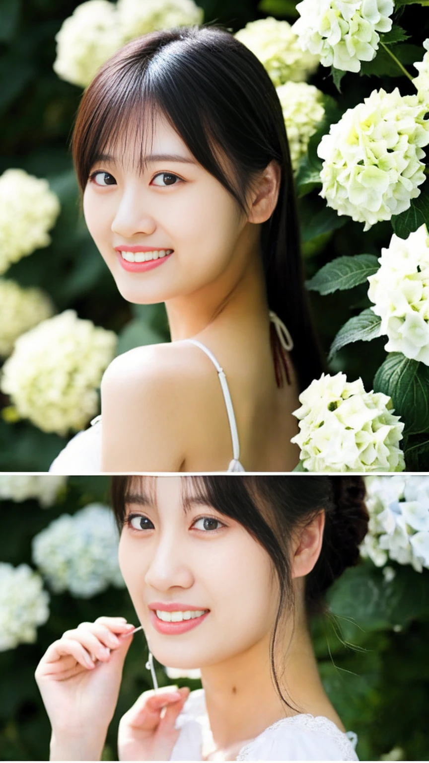 最high quality、high quality、Best image quality、8k、Floral Bikini、micro bikini,,最High resolution、High resolution、最high quality、masterpiece、RAW Photos、whole body写真、Detailed and realistic human body、Detailed and realistic skin、Realistic face in every detail、Detailed and realistic eyes、Detailed and realistic lips、Detailed and realistic teeth、Detailed and realistic ears、Detailed and realistic hair、Realistic reproduction of every detail、Realistic fingers in every detail、(Beautiful Hands、thumb１reference４)、Realistic feet down to the last detail、((Beautiful Japanese Women))、(Japanese Model)、((21 year old beautiful woman))、(Black Hair)、(Straight hair)、((whole body))、(Slim and perfect figure)、(whole body光沢肌、Fair skin)、Detailed and realistic human body、Detailed and realistic skin、Realistic face in every detail、Realistic fingers in every detail、Detailed realistic feet、Soft natural light、Japanese garden、A 360-degree view of the hydrangea fields、((Standing in the middle of a hydrangea field(A woman surrounded by hydrangeas))、Poses to make your thighs look beautiful,whole bodyポーズ、