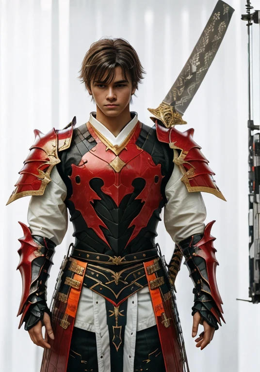 (ultra realistic,32k, masterpiece:1.2),(high detailed skin:1.1),( high quality:1.1),
1boy,(caucasian european), black hair, with cyberpunk samurai armor, cute, 18 years old, european caucasian), beautiful decourations, 8k, uhd, masterpiece, katana in the back, kanjis, (metal black armor with red and orange decourations)