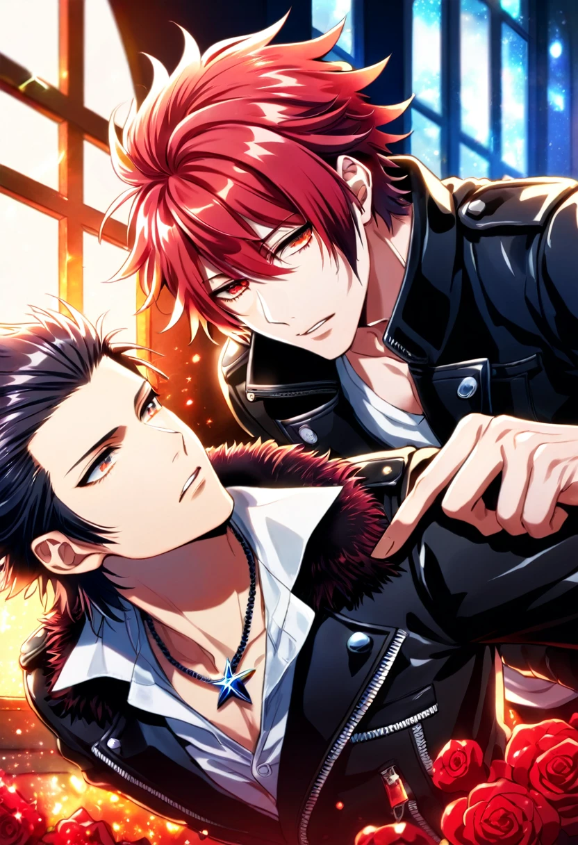 (absurdres, highres, ultra detailed, HDR) master piece, best quality, delicated features, Suoh Mikoto, red hair, hair is kept short, ruffled, slicked back and spiked, with two strands of hair near the opposite sides of his head falling over his face, expressive amber eyes, black leather jacket with a black fur collar, a white V-neck shirt underneath, silver star-shaped necklace, K Project, Xion, red hair, with bangs, expressive amber eyes, two sexy men together, gay couple, yaoi, handsome, black leather jacket, magical fantasy, glittering, window, red roses, radiant, red sparkling fireflies, flames