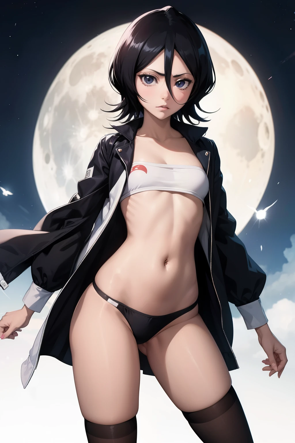 Rukia ,1girl , anime , masterpiece  , Black color hair, jaqueta aberta open clothes ,flat  chest  ,no bra,  pantie  , long socks,  angry ,Belly button piercing ,sexy . Background moon . 