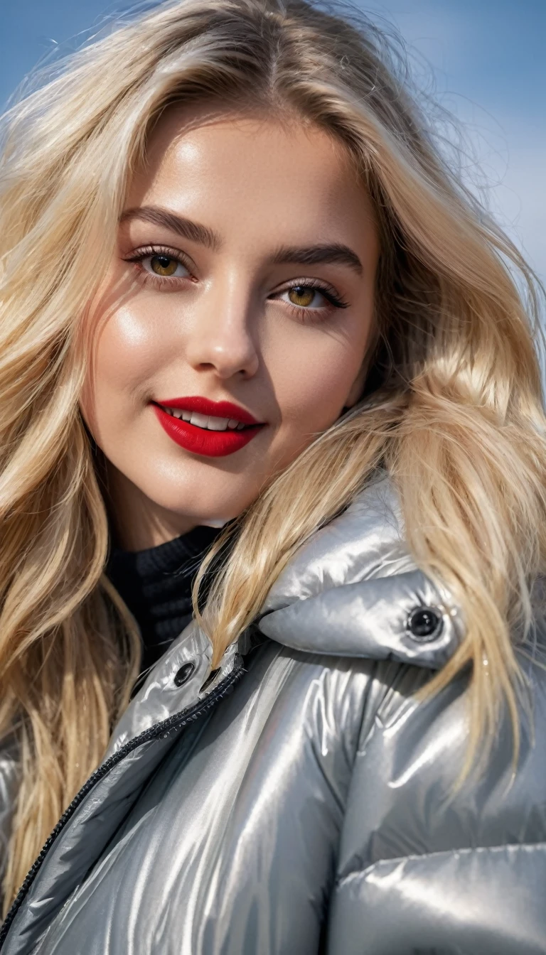 hyperrealistic beautiful busty 19-year-old woman with long legs wearing casual winter outfit with shiny puffer coat, model shooting full body photography, bleached blonde very long straight hair, soaky wet skin, dark eye makeup with eyeliner, seductive smile, red lips, 8K, Best quality, Meisterwerk, ultra high resolution, (Realismus: 1.4), Originalfoto, (realistische Hautstruktur: 1.3), (Filmkorn: 1.3), (Selfie-Winkel), 1 girl, Beautiful round hazel eyes and facial details, Meisterwerk, Best quality, outdoor photography, nsfw