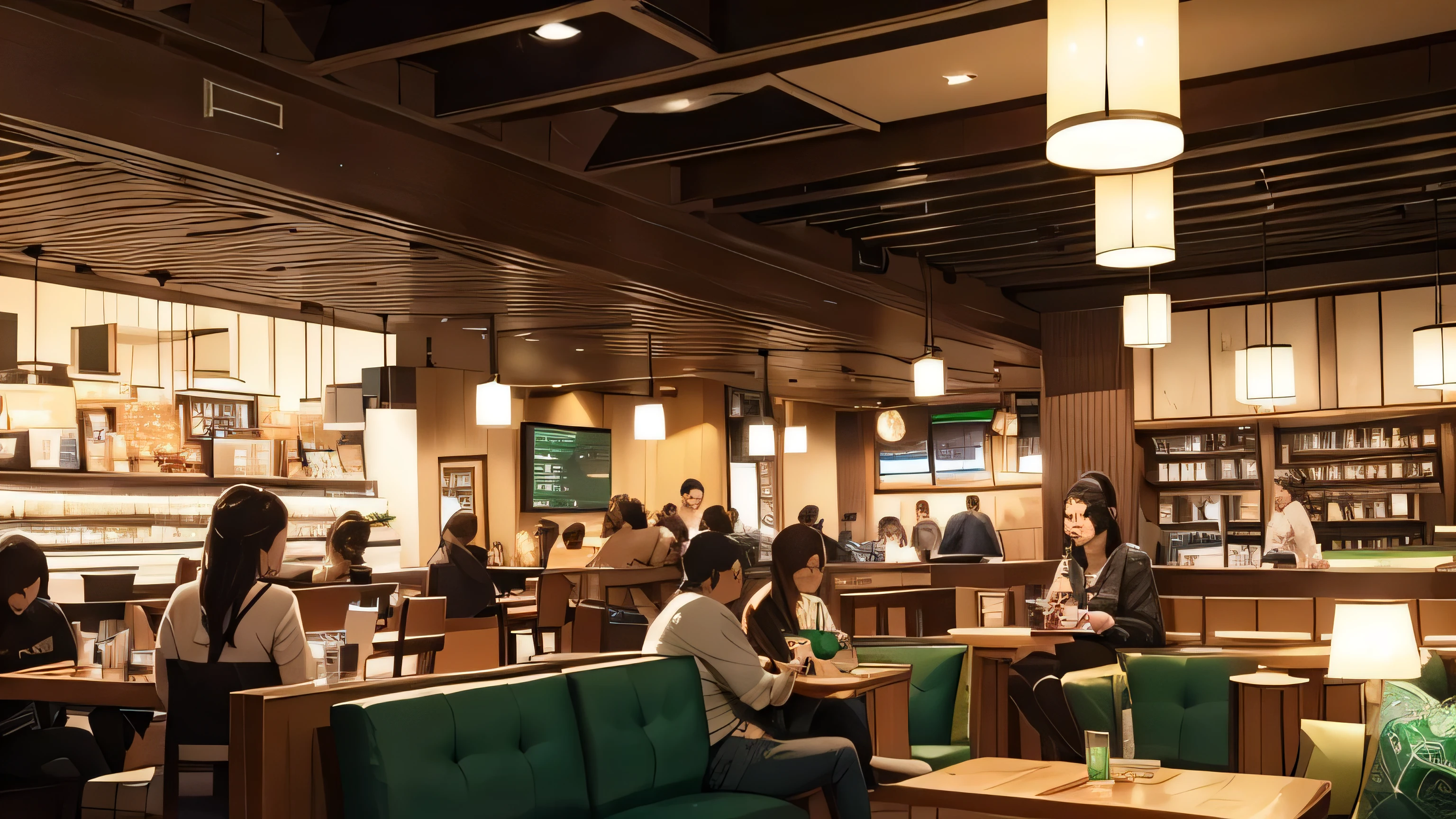 A relaxed atmosphere in a Starbucks cafe, with customers sitting on comfortable chairs and sofas. Some are working on laptops while others are chatting. The decor includes modern lighting and the familiar green and white Starbucks branding.