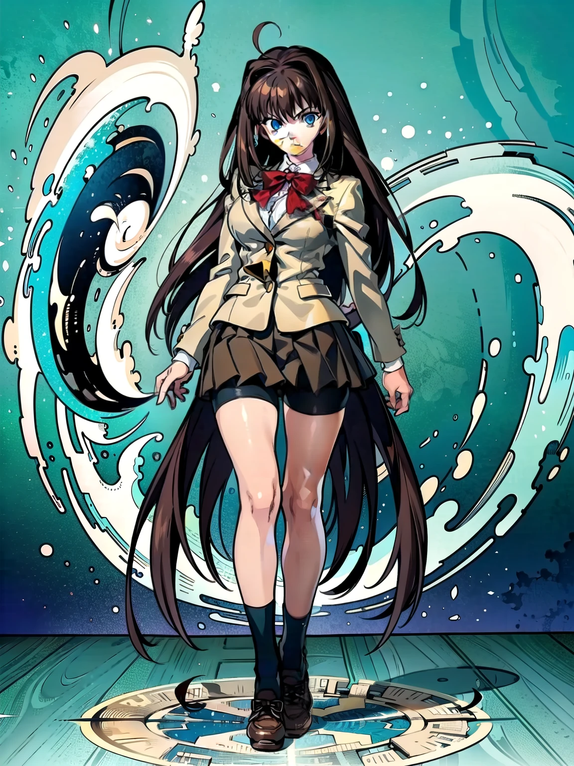 BREAK, centered, BREAK, (EMPTY BACKGROUND), BREAK, (masterpiece), best quality, highest resolution, 8k, illustration, (beautiful detailed eyes:1.5), extremely detailed face, extremely detailed body, CG, perfect hands, perfect anatomy, ((1girl)), ((solo)), (((bbaoko))), ((2 legs max)), ((2 feet max:1.5)), ((swirling vortex shaped longest brown hair:1.5)), (brown longest hair with slightly reddish undertone:1.6), (lush luscious longest brown hair:1.6), (very long voluminous longest brown hair:1.5), serious, blue eyes, red bowtie, (Form-fitting beige blazer:1.5), brown jacket, (highly detailed beautiful face:1.2), (white shirt:1), (well shaped large :1.6), (nice hips:1), pretty legs, ((kneehigh large socks:1.5)), ((Umber pleated skirt:1.6)), (((bike shorts:1.5))), (toned visible skin thighs:1.6), (strap shoes brown color), (facing front:1.5), ((standing straight:1.5)), ((Fullbody in frame:1.5)), ((Full body:1.5)), (takeuchi takashi:1.3)