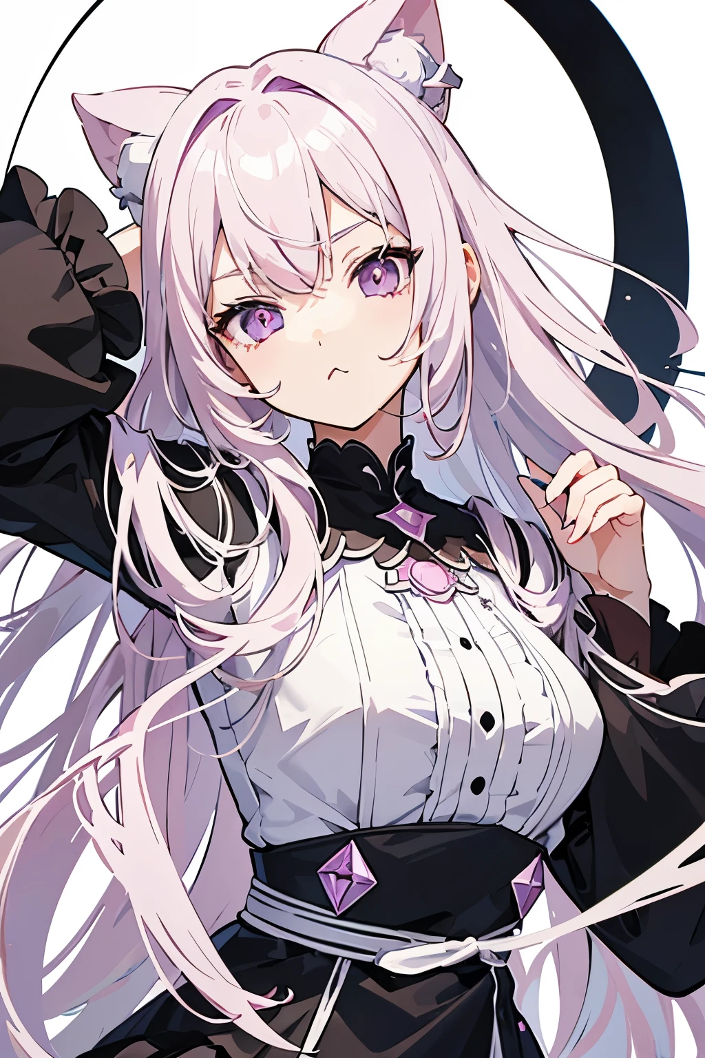 Anime girl with long white hair and black and white cat ears - SeaArt AI