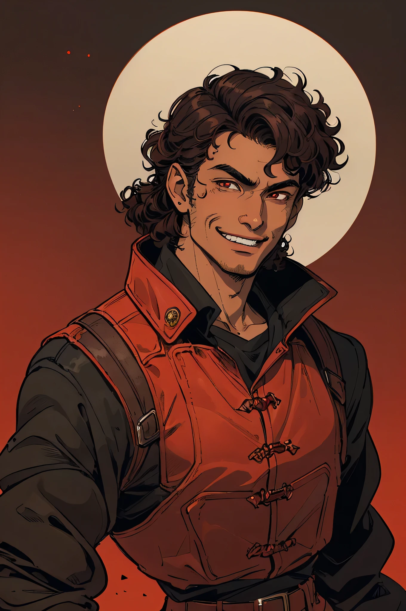 brown man, curly, medium hair, red eyes, black military jacket, baggy, smiling, masculine, robust, red background, science fiction, fantasy, malicious smile, in the style of Kentaro Miura