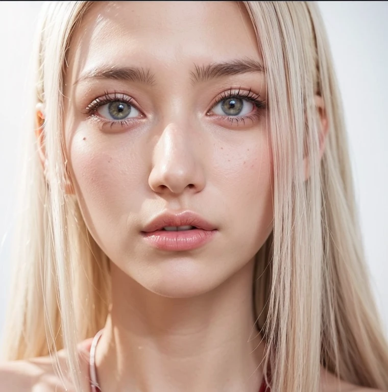 young woman, short shoulder-length pink hair, wide forehead, porcelain skin, pink eyebrows, big emerald green eyes, buttoned nose, full lips, heart-shaped face, slender body, small breasts, red tank top, Sakura Haruno , realistic, realism, details, 3d, well detailed
