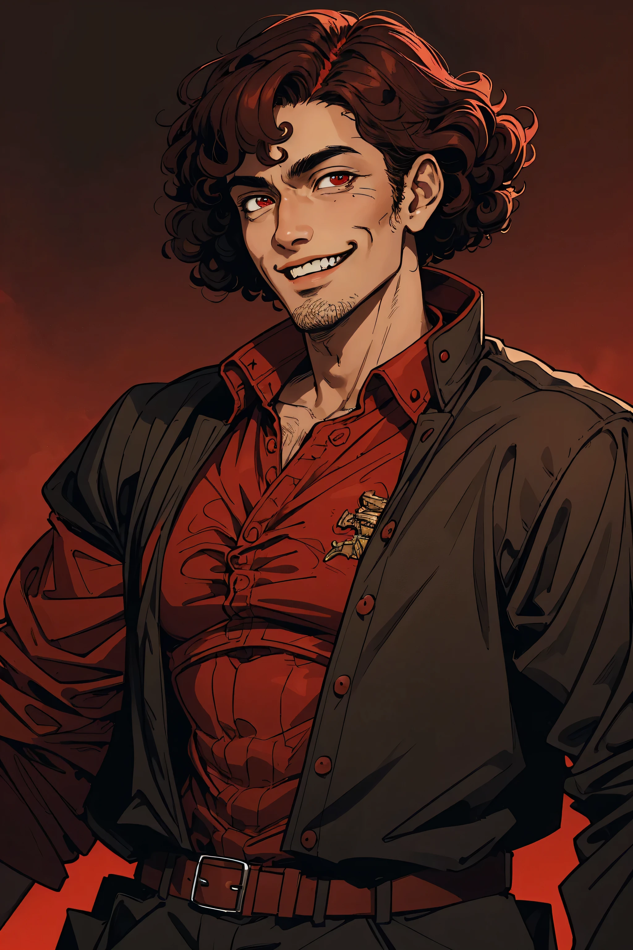 brown man, curly, medium hair, red eyes, black military jacket, baggy, smiling, masculine, robust, red background, science fiction, fantasy, malicious smile, in the style of Kentaro Miura