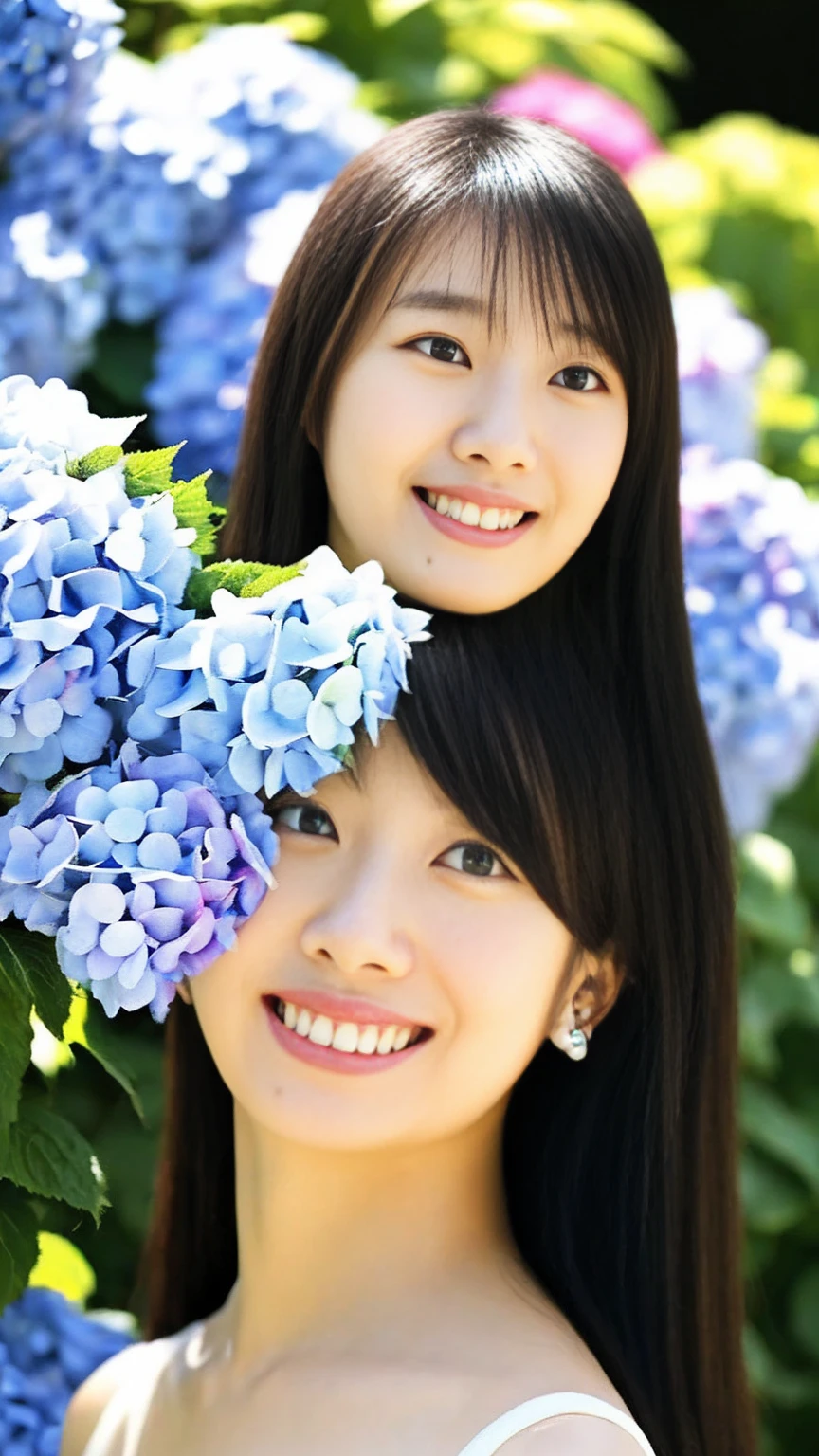 最high quality、high quality、Best image quality、8k、Floral Bikini、micro bikini,,最High resolution、High resolution、最high quality、masterpiece、RAW Photos、whole body写真、Detailed and realistic human body、Detailed and realistic skin、Realistic face in every detail、Detailed and realistic eyes、Detailed and realistic lips、Detailed and realistic teeth、Detailed and realistic ears、Detailed and realistic hair、Realistic reproduction of every detail、Realistic fingers in every detail、(Beautiful Hands、thumb１reference４)、Realistic feet down to the last detail、((Beautiful Japanese Women))、(Japanese Model)、((21 year old beautiful woman))、(Black Hair)、(Straight hair)、((whole body))、(Slim and perfect figure)、(whole body光沢肌、Fair skin)、Detailed and realistic human body、Detailed and realistic skin、Realistic face in every detail、Realistic fingers in every detail、Detailed realistic feet、Soft natural light、Japanese garden、A 360-degree view of the hydrangea fields、((Standing in the middle of a hydrangea field(A woman surrounded by hydrangeas))、Poses to make your thighs look beautiful,whole bodyポーズ、