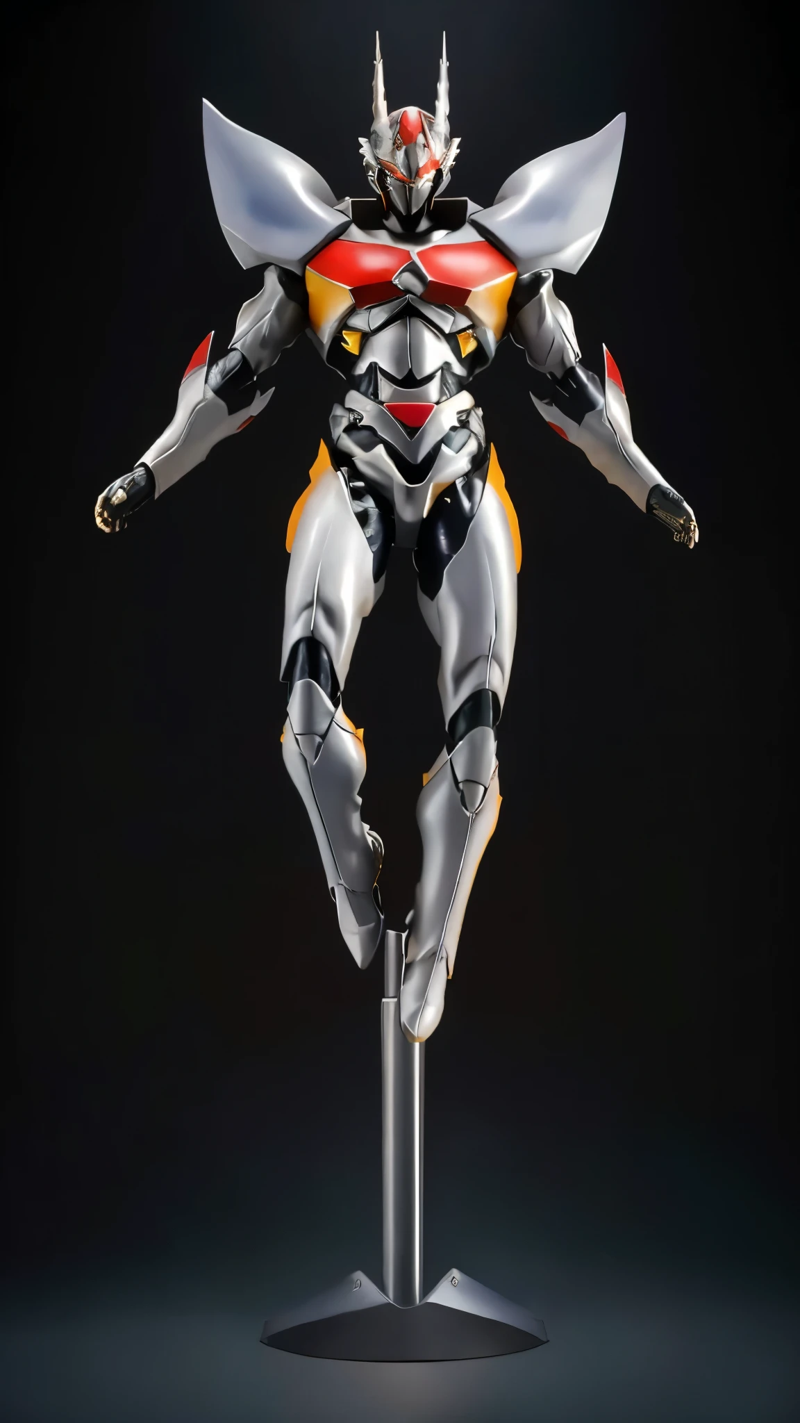 Humanoid Mecha, fully enclosed shoulder guards, matching arm and leg guards, full body, full armor, the design balances heavy with agility, (the color scheme is primarily white with red and blue accents, the concept Inspired by Super robot, organic biotech armor, standing, floating high above the futuristic sci-fi city), exquisite and mature art style, (aura effect, energy, glowing eyes, the armor glows), ((SRS)), metallic, dynamic, dramatic, high definition, best quality, highres, ultra-detailed, ultra-fine painting, extremely delicate, professional, perfect body proportions, anatomically correct, symmetrical face, extremely detailed eyes and face, high quality eyes, creativity, RAW photo, UHD, 32k, Natural light, cinematic lighting, masterpiece-anatomy-perfect, masterpiece:1.5