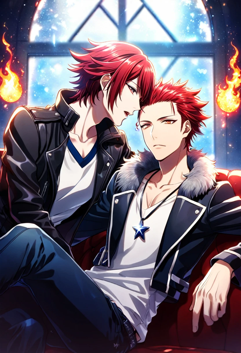 (absurdres, highres, ultra detailed, HDR) master piece, best quality, delicated features, Suoh Mikoto, red hair, hair is kept short, ruffled, slicked back and spiked, with two strands of hair near the opposite sides of his head falling over his face, expressive amber eyes, black leather jacket with a fur collar, a white V-neck shirt underneath, silver star-shaped necklace, K Project, Xion, red hair, with bangs, expressive amber eyes, two sexy men sitting together, gay couple, yaoi, handsome, black leather jacket, magical fantasy, glittering, window, red roses, radiant, red sparkling fireflies, flames