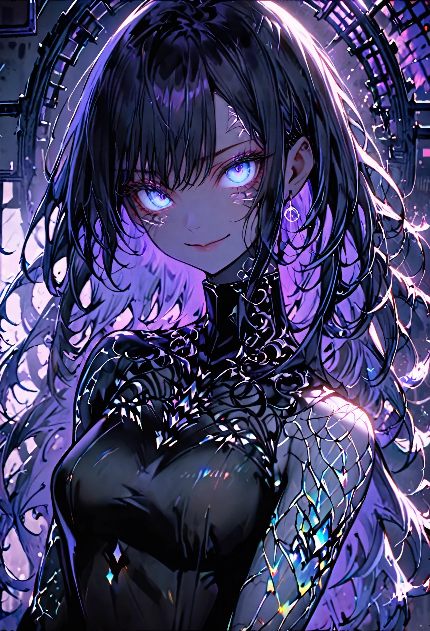 solo, female, smile, laboratory, iridescent glowing skin, opalescent skin, long and thick hair, jet-black hair, indigo eyes, swirling eyes, (intricate lattice-like scars on arms, torso, and neck), stronger and harder nails, medium shot