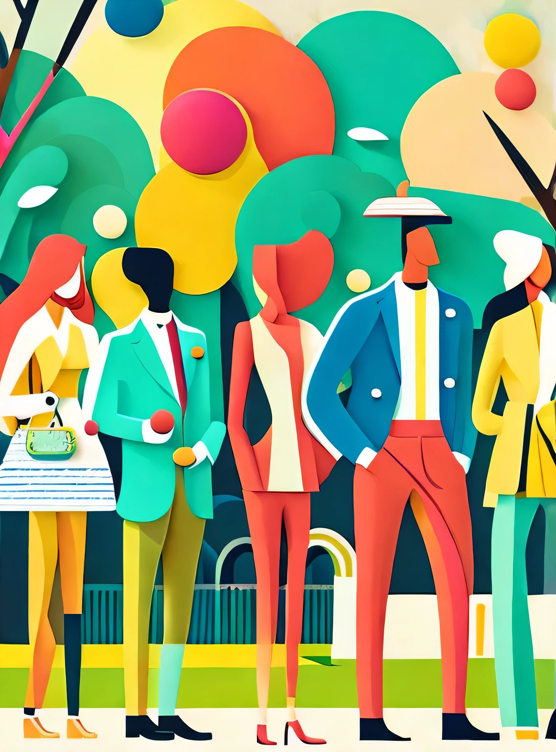 Vector illustration of young, fashionable men and women picnicking in the park, with flowing lines and warm colors set against a white background. The scene captures the essence of a modern, stylish park environment, where young people gather to relax and enjoy each other's company. The design features clean, simple lines and a limited color palette, emphasizing the sophisticated beauty of the urban park setting. The characters, with their youthful energy and trendy outfits, embody the vibrancy and grace of city life. The super saturated, vivid, and bright colors, rendered in a pop art vector style, lend a sense of surrealism and whimsy to the scene, creating a visually captivating and memorable composition.